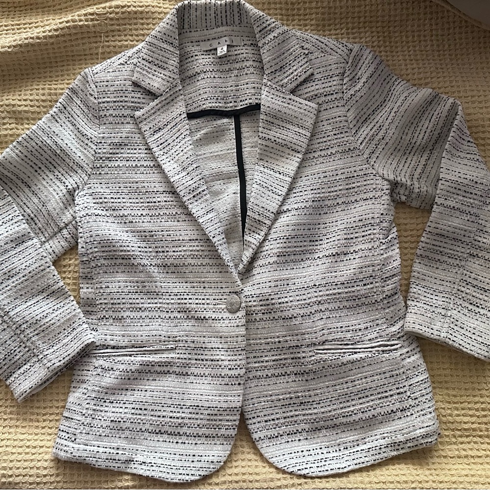 CAbi White and Black Textured Single-Button Blazer